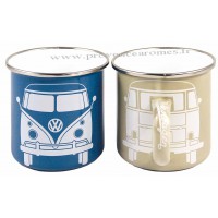 Coffret 2 Mugs métal émaillés bleu et gris combi Volkswagen Brisa rétro vintage collection
