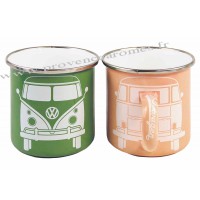 Coffret 2 Mugs métal émaillés vert et abricot combi Volkswagen Brisa rétro vintage collection