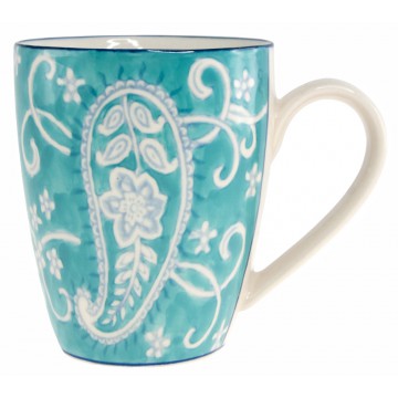 Mug artisanal peint à la main bleu turquoise motifs arabesques relief