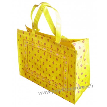 Sac Cabas style tissus Provençale authentique mouche rouge fond jaune