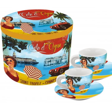 Coffret de 2 tasses à café déco PIN-UP Côte d'Azur déco rétro vintage