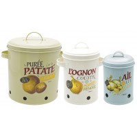 3 Boîtes émaillées pour la conservation pomme de terre, oignon et ail Natives déco rétro vintage