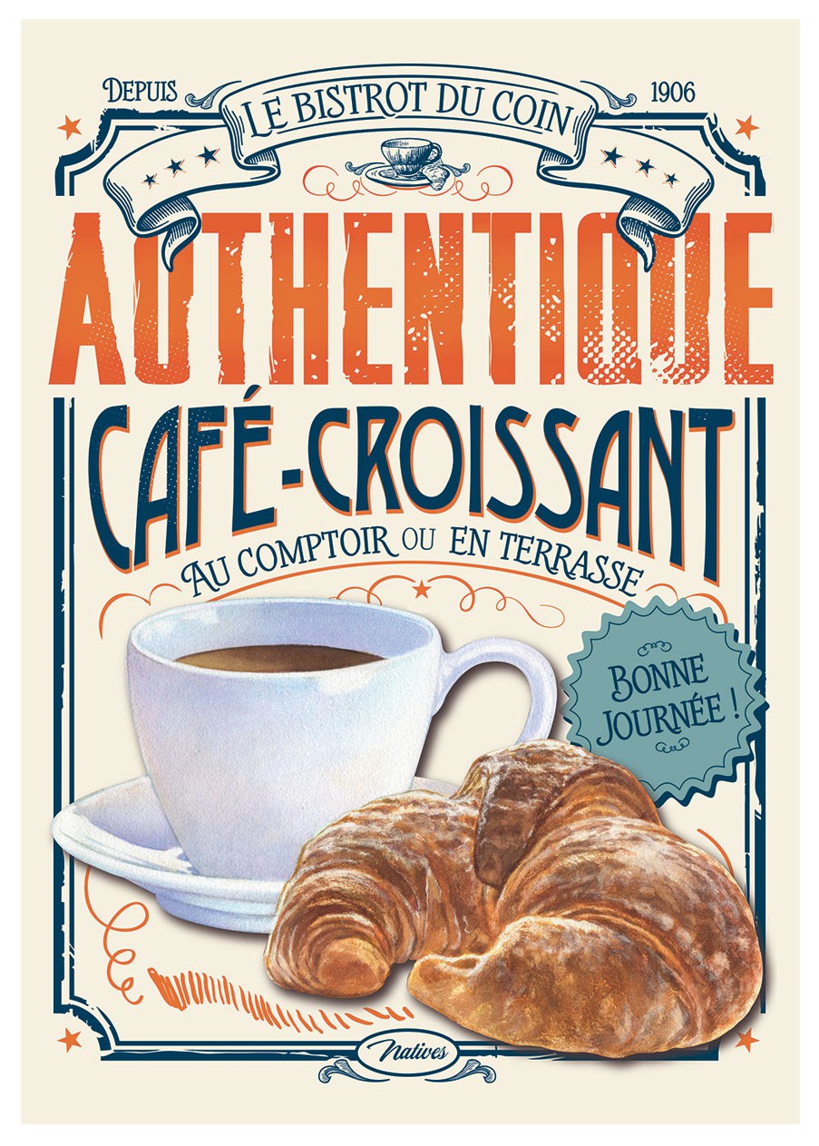 Grande Plaque métal CAFÉ-CROISSANT Natives déco rétro vintage - Provence Arômes Tendance sud Grande Plaque métal CAFÉ-CROISSANT Natives déco rétro vintage - Provence Arômes Tendance sud