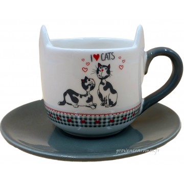 Grande Tasse "Oreilles de chat" et sous-tasse J'AIME LES CHATS collection Love cats