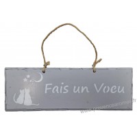 Plaque en bois "Fais un vœu " déco Chat sur fond gris clair