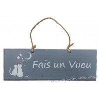 Plaque en bois "Fais un vœu " déco Chat sur fond anthracite