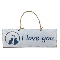 Plaque en bois " I Love You " déco Chat sur fond blanc