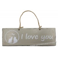 Plaque en bois " I Love You " déco Chat sur fond beige clair