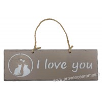 Plaque en bois " I Love You " déco Chat sur fond Taupe