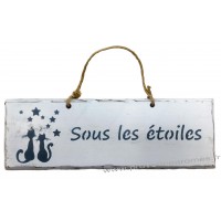 Plaque en bois " Sous les étoiles " déco Chat sur fond blanc