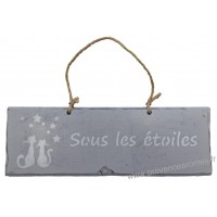 Plaque en bois " Sous les étoiles " déco Chat sur fond gris clair