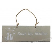 Plaque en bois " Sous les étoiles " déco Chat sur fond beige clair