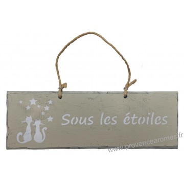 Plaque en bois " Sous les étoiles " déco Chat sur fond beige clair
