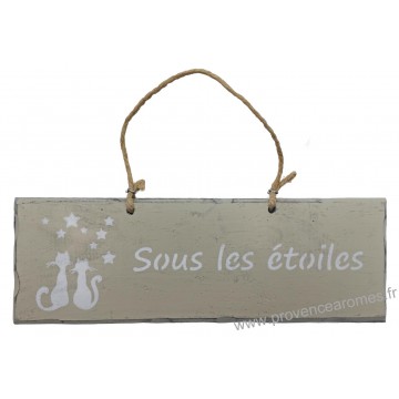 Plaque en bois " Sous les étoiles " déco Chat sur fond beige clair