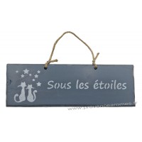 Plaque en bois " Sous les étoiles " déco Chat sur fond Anthracite