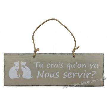 Plaque en bois " Tu crois qu'on va nous servir ? " déco Chat sur fond beige clair