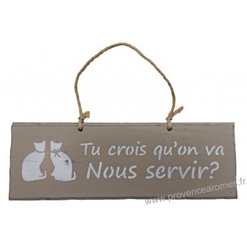 Plaque en bois " Tu crois qu'on va nous servir ? " déco Chat sur fond Taupe