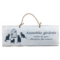Plaque en bois "Assemblée générale : Ordre du jour libération des oiseaux" déco Chat fond blanc