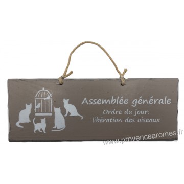 Plaque en bois " Assemblée générale : Ordre du jour libération des oiseaux " déco Chat fond Taupe