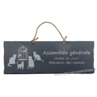 Plaque en bois " Assemblée générale : Ordre du jour libération des oiseaux " déco Chat fond Anthracite