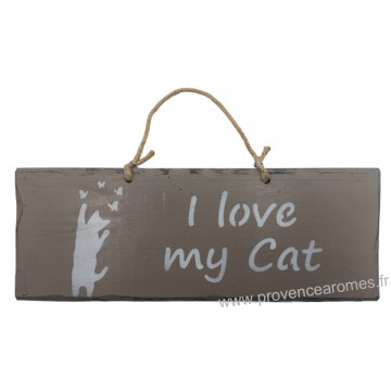 Plaque en bois " I Love my Cat " déco Chat fond Taupe