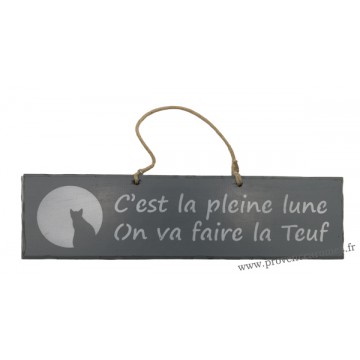 Plaque en bois " C'est pleine lune on va faire la teuf " déco Chat fond Anthracite