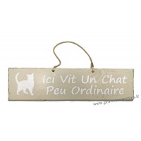 Plaque en bois "Ici vit un chat peu ordinaire" déco Chat fond beige clair