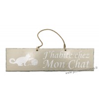 Plaque en bois " J'habite chez mon chat " déco Chat boule de laine fond beige clair