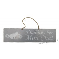 Plaque en bois " J'habite chez mon chat " déco Chat boule de laine fond gris clair