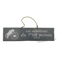 Plaque en bois "Les aventures de P'tit Minou (poisson)" déco Chat fond Anthracite
