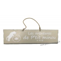 Plaque en bois "Les aventures de P'tit Minou (poisson)" déco Chat fond beige clair