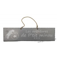 Plaque en bois " Les aventures de P'tit Minou et le poisson " déco Chat fond gris clair