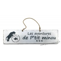 Plaque en bois "Les aventures de P'tit Minou (poisson)" déco Chat fond blanc