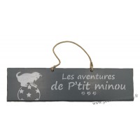 Plaque en bois "Les aventures de P'tit Minou (ballon)" déco Chat fond Anthracite