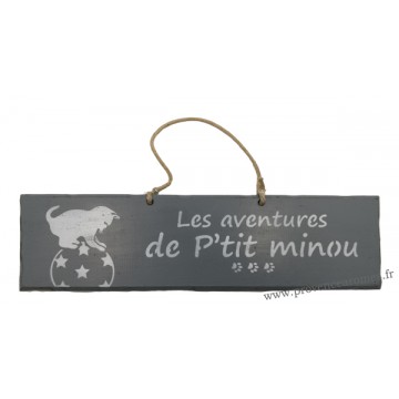 Plaque en bois " Les aventures de P'tit Minou sur le ballon " déco Chat fond Anthracite