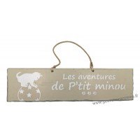 Plaque en bois " Les aventures de P'tit Minou sur le ballon " déco Chat fond beige clair