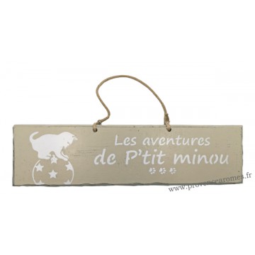 Plaque en bois " Les aventures de P'tit Minou sur le ballon " déco Chat fond beige clair