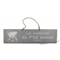 Plaque en bois "Les aventures de P'tit Minou (ballon)" déco Chat fond gris clair