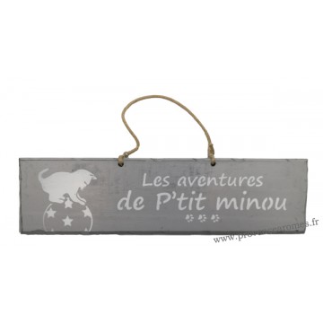 Plaque en bois " Les aventures de P'tit Minou sur le ballon " déco Chat fond gris clair