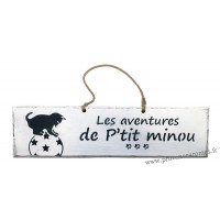 Plaque en bois "Les aventures de P'tit Minou (ballon)" déco Chat fond Blanc