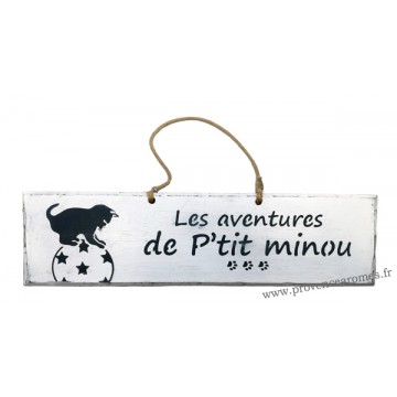 Plaque en bois " Les aventures de P'tit Minou sur le ballon " déco Chat fond blanc