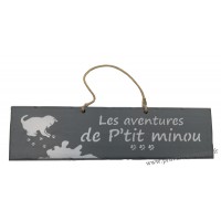 Plaque en bois "Les aventures de P'tit Minou (tâches de peinture)" déco Chat fond Anthracite