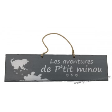 Plaque en bois " Les aventures de P'tit Minou et ses empreintes de peinture " déco Chat fond Anthracite