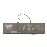 Plaque en bois " Les aventures de P'tit Minou et ses empreintes de peinture " déco Chat fond Taupe