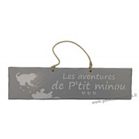 Plaque en bois " Les aventures de P'tit Minou et ses empreintes de peinture " déco Chat fond gris clair