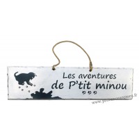 Plaque en bois "Les aventures de P'tit Minou (tâches de peinture)" déco Chat fond Blanc