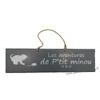 Plaque en bois " Les aventures de P'tit Minou et la souris " déco Chat fond Anthracite