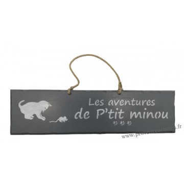 Plaque en bois " Les aventures de P'tit Minou et la souris " déco Chat fond Anthracite