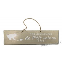 Plaque en bois "Les aventures de P'tit Minou (souris)" déco Chat fond beige clair