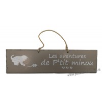 Plaque en bois "Les aventures de P'tit Minou (souris)" déco Chat fond Taupe